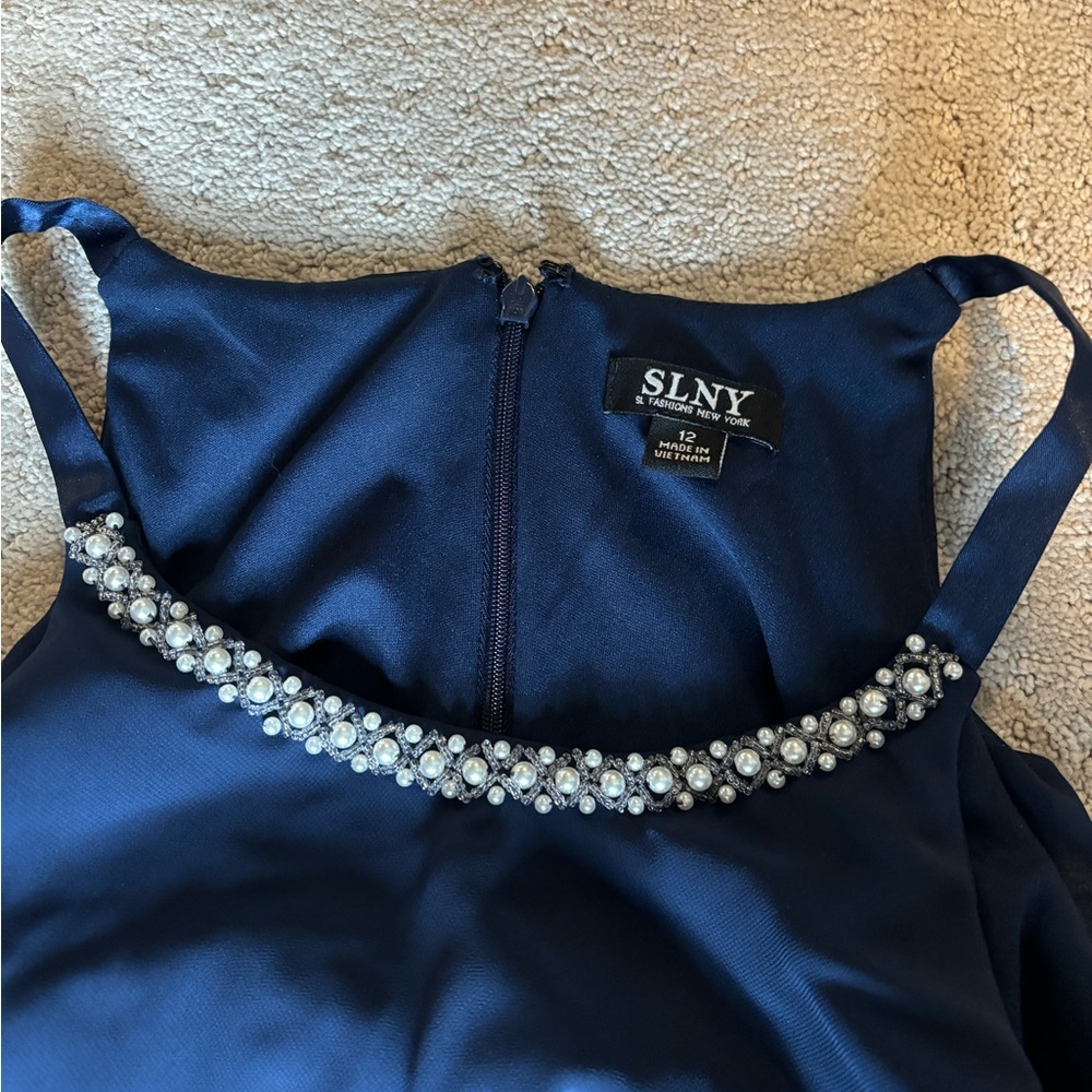 SLNY navy blue ruffle dress